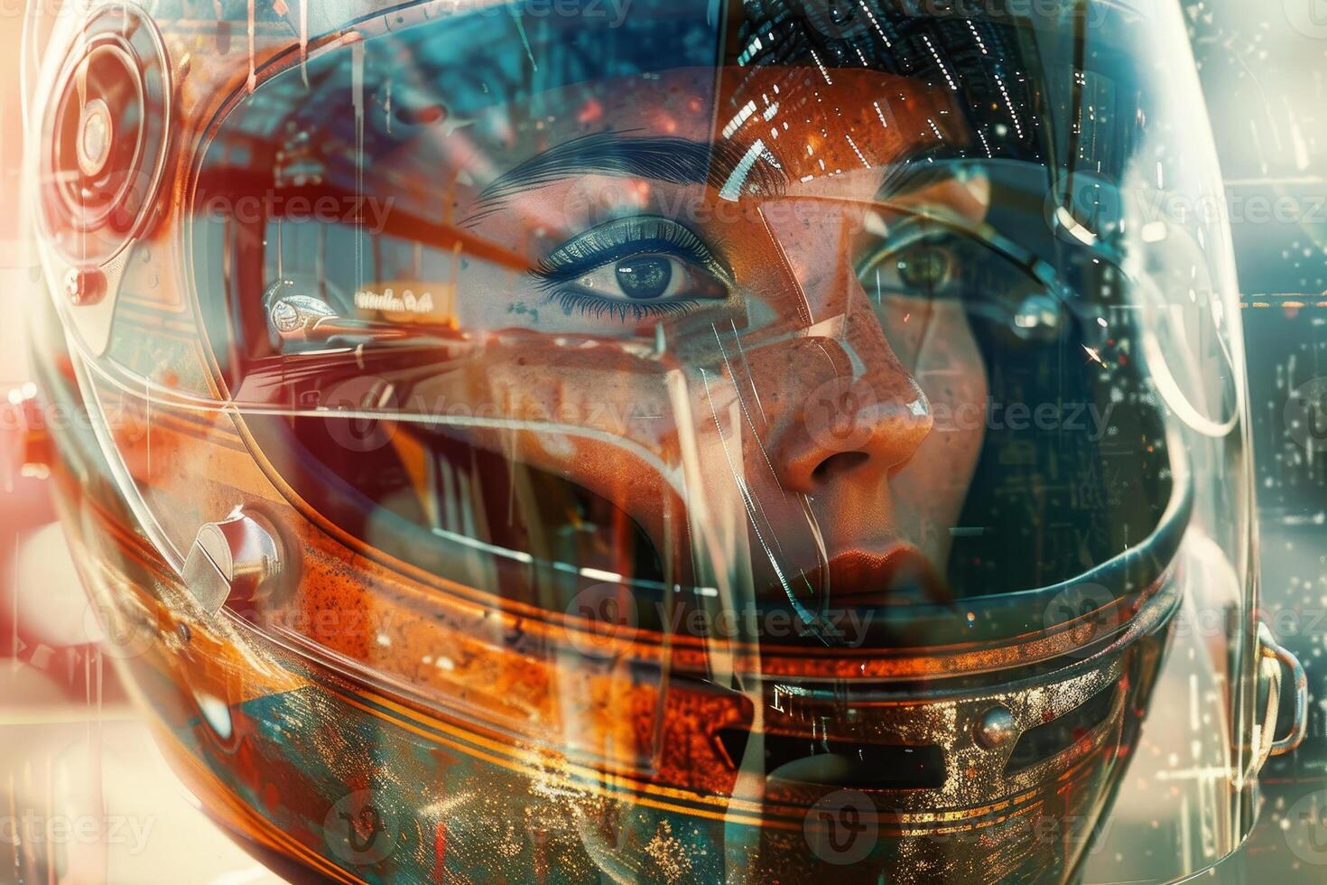 The close-up on a space helmet highlights the reflections of a vibrant cityscape, merging the themes of exploration and the human spirit in a science fiction context photo