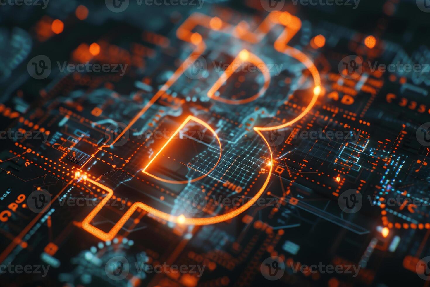 A glowing Bitcoin symbol stands out against a dark, intricate digital background filled with interconnected circuits, representing the world of cryptocurrency and technology photo