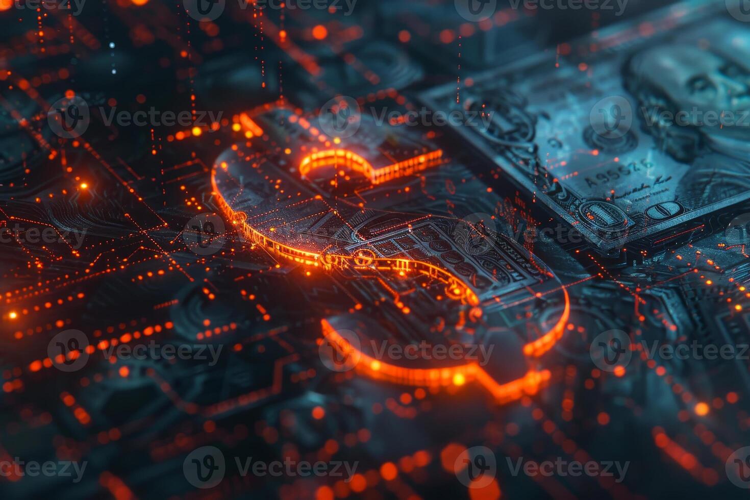 A glowing dollar sign made of circuits is positioned next to a one hundred dollar bill, creating a modern representation of digital finance and technology photo