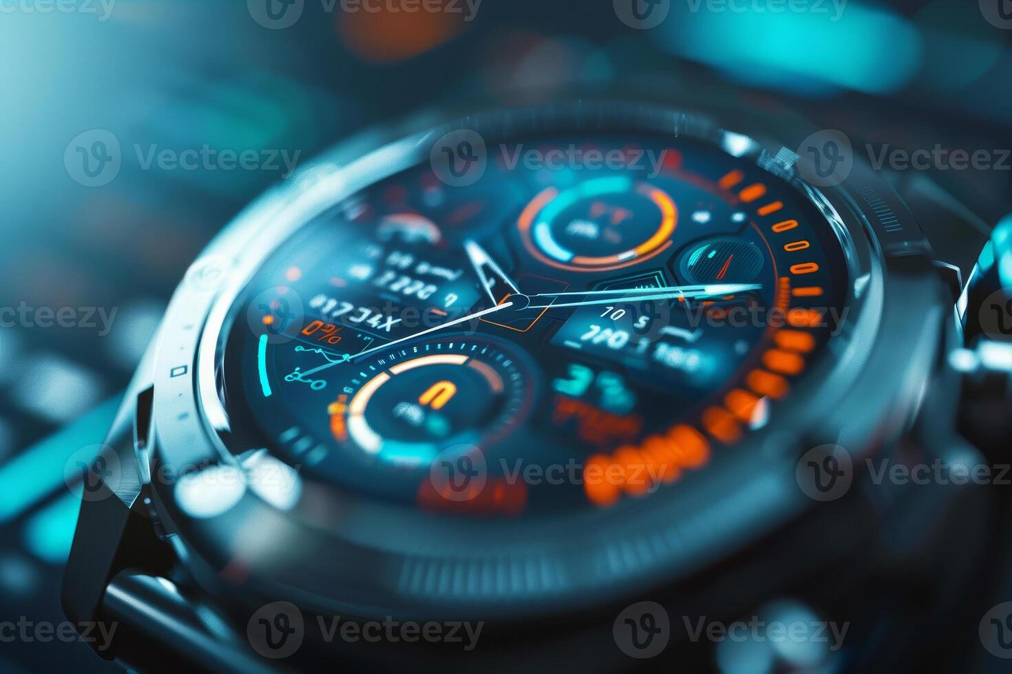 A sleek smartwatch features a dynamic display with colorful metrics and notifications, showcasing advanced technology in a contemporary setting photo