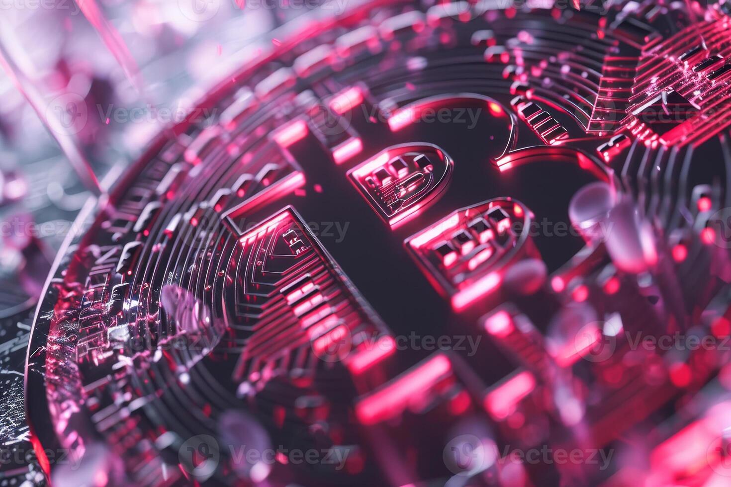 A detailed close-up of a Bitcoin is showcased against a vibrant, illuminated network background featuring shades of pink, highlighting the digital currency's intricate design photo
