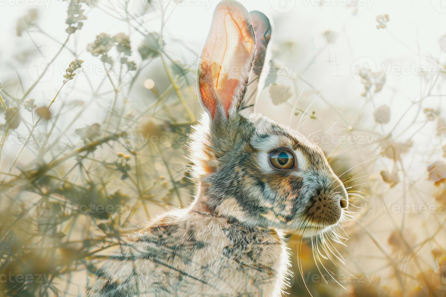 A rabbit pauses amidst gentle wildflowers, its fur illuminated by the soft light of sunset, highlighting the serene beauty of nature and wildlife photo
