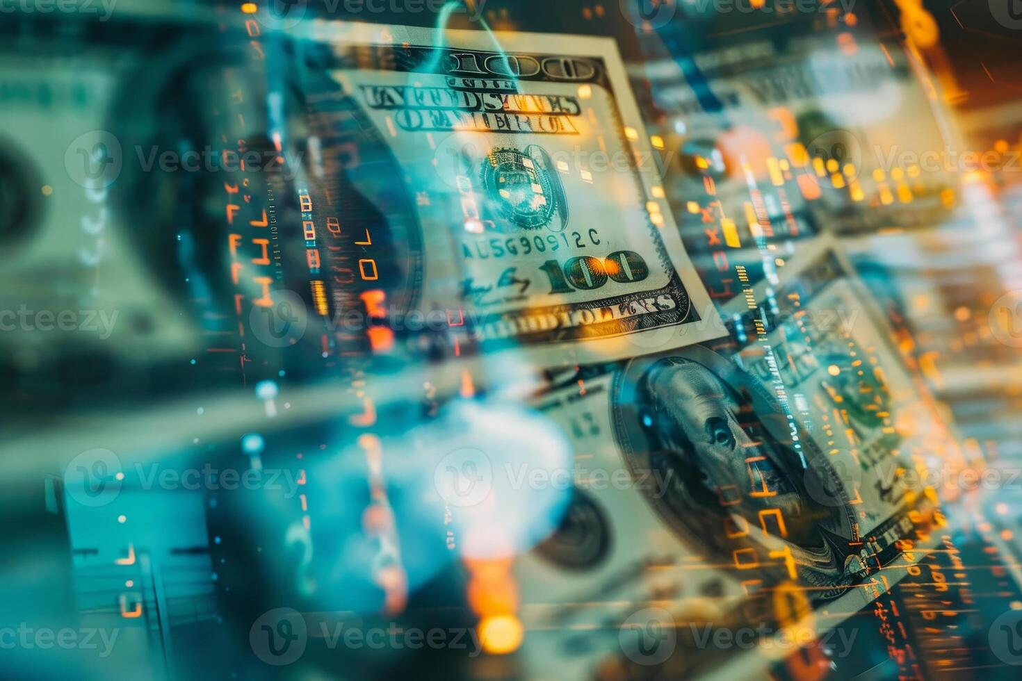 This visual showcases stacks of hundred-dollar bills layered with digital graphics representing financial data and analytics trends in technology photo