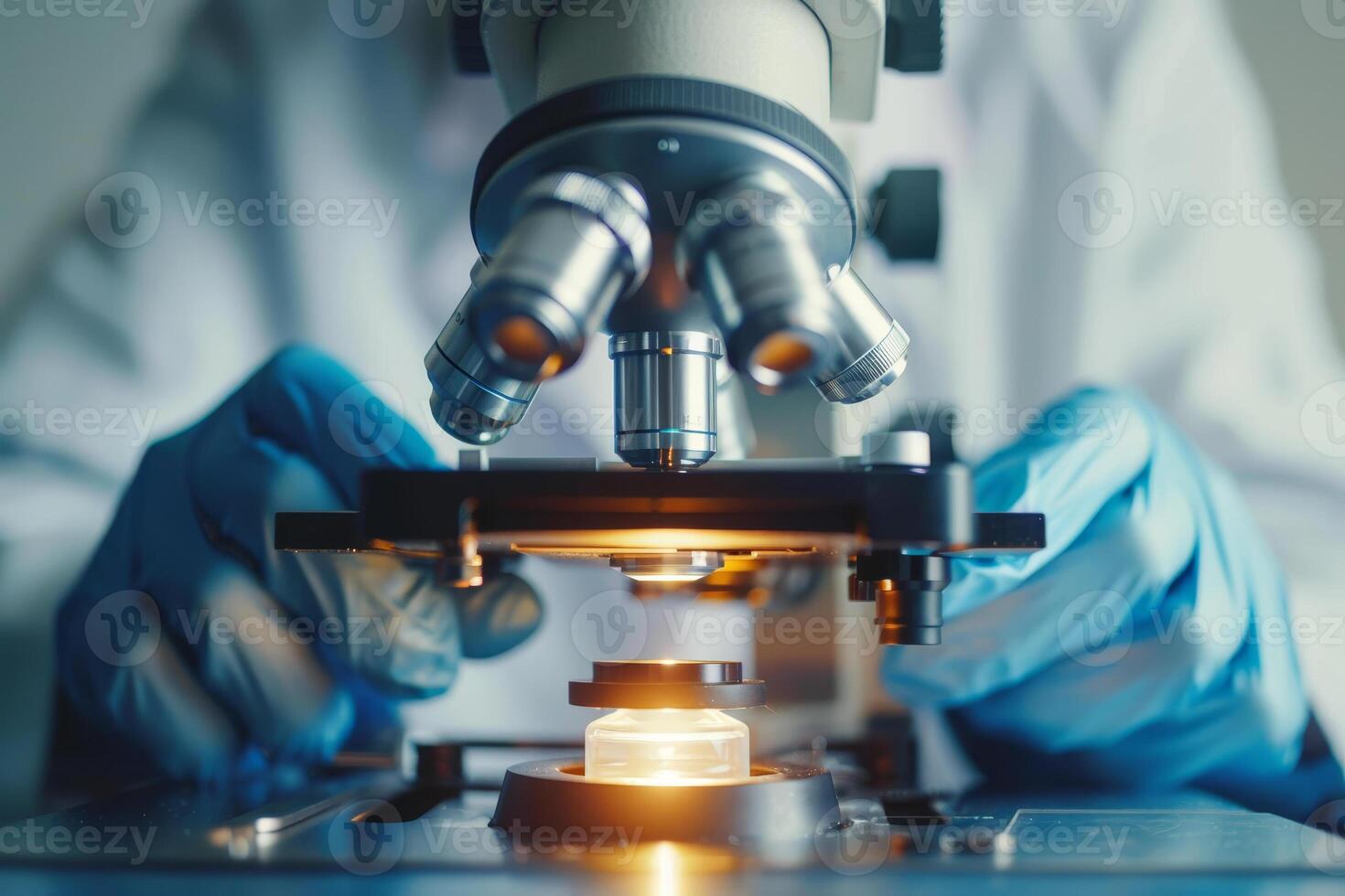 A researcher in a lab coat and blue gloves closely inspects a specimen under a microscope, focusing on scientific exploration and experimentation photo