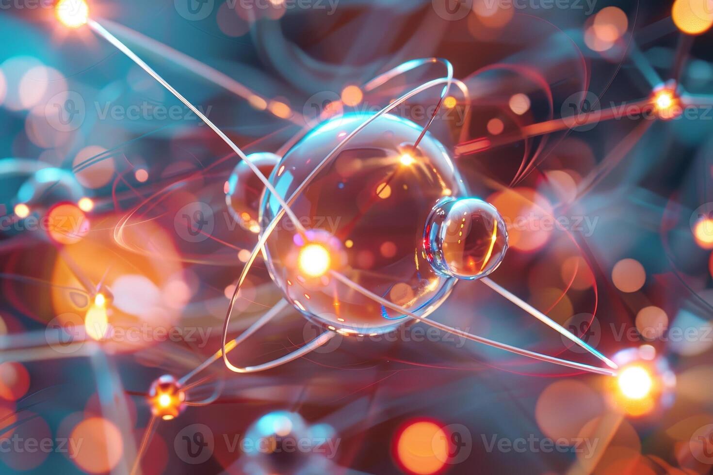 This vibrant illustration captures atomic structures with electrons orbiting, highlighting the dynamic interactions at the molecular level in a stunning digital format photo