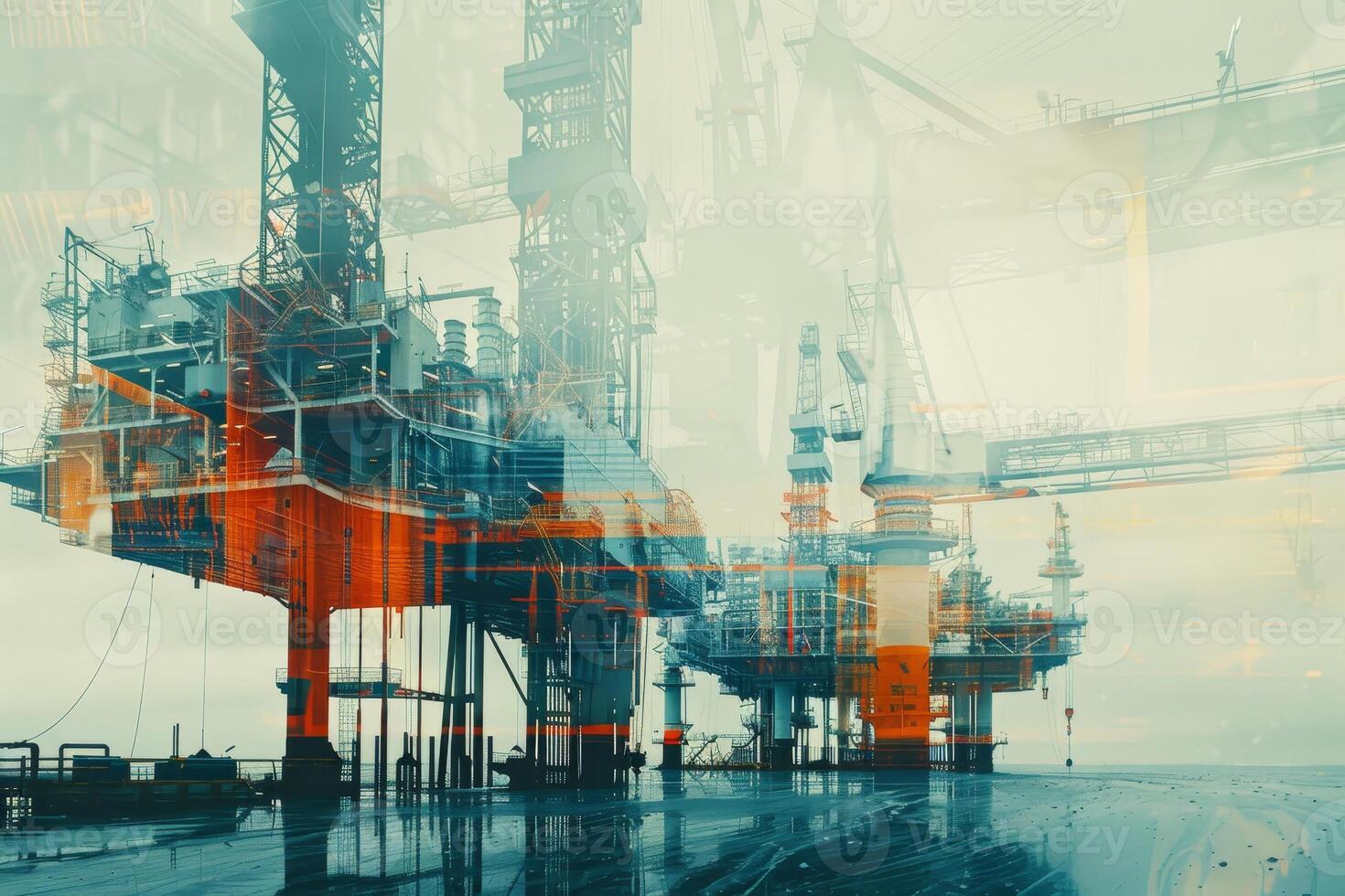 The image portrays towering oil rigs on a calm sea under an overcast sky. Their silhouettes reflect the industrial essence of energy production during twilight hours photo