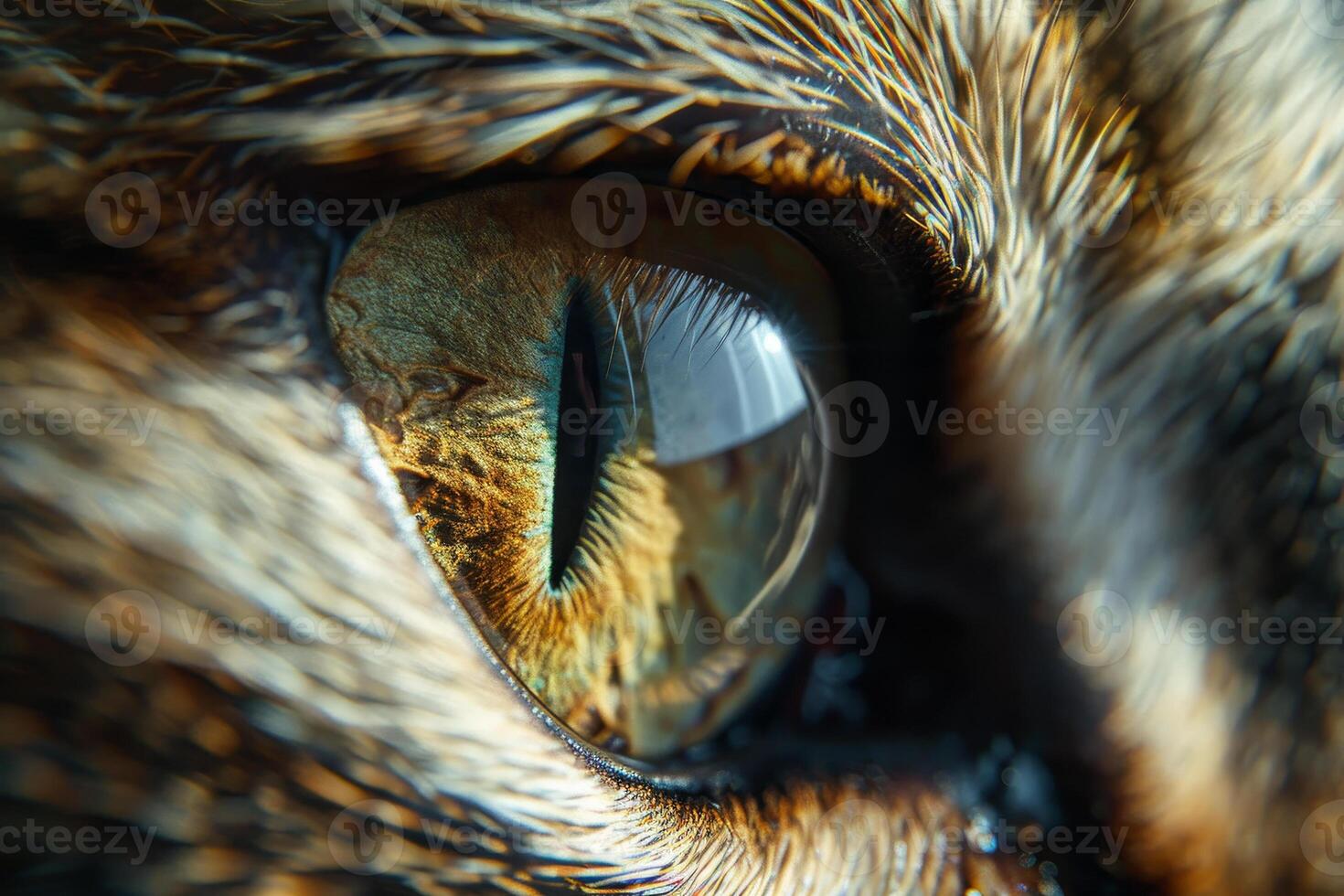 The striking close-up showcases a cat's eye, displaying remarkable textures, colors, and reflections, creating an intimate connection with the feline's gaze photo