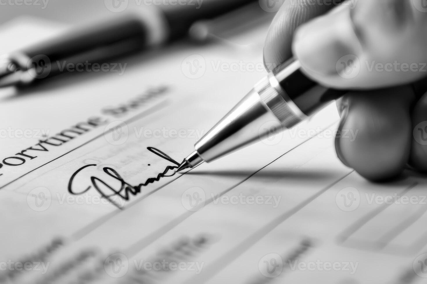 A person is meticulously signing a legal document with a silver pen, capturing the moment of finalizing an important agreement in a professional setting photo