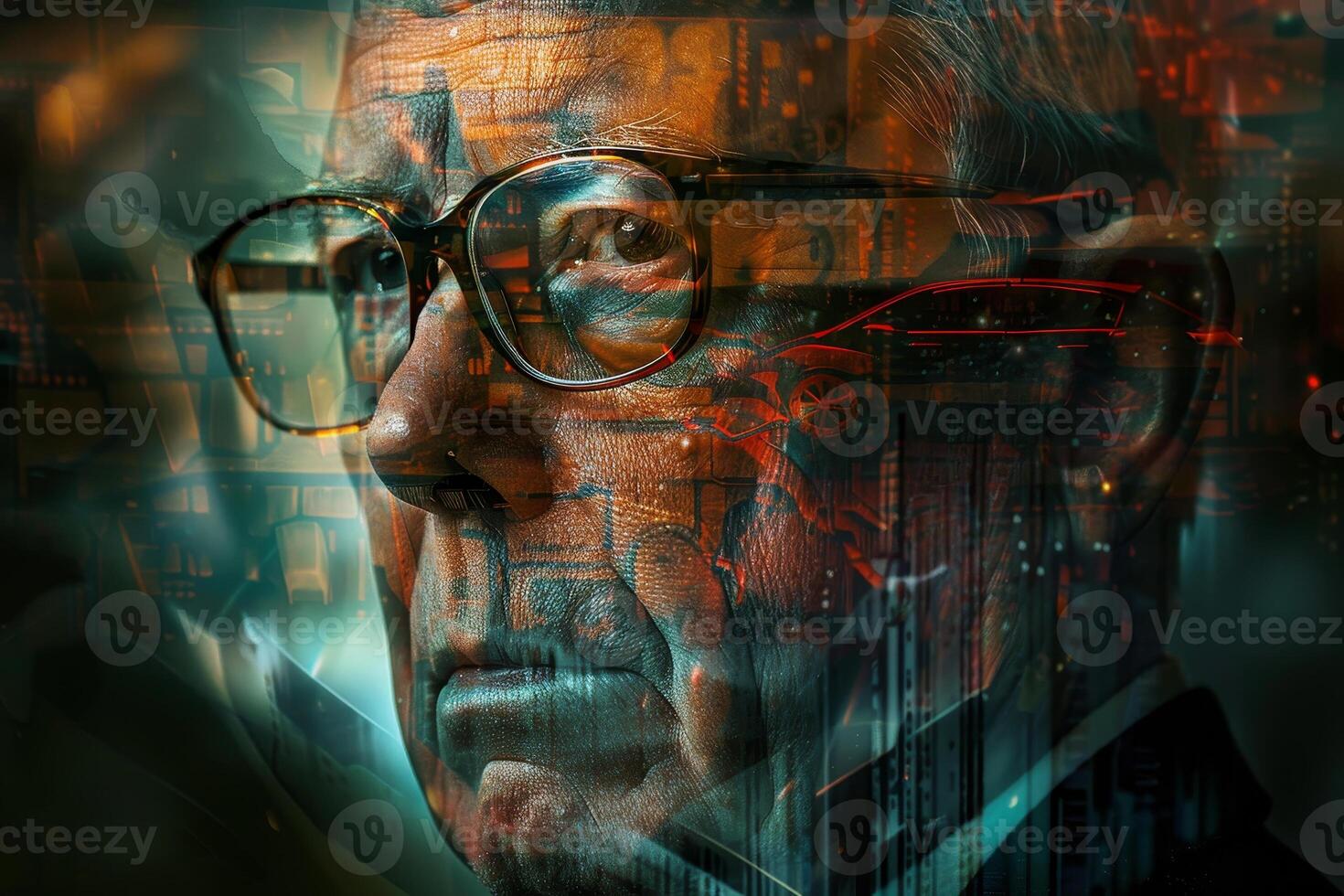An older man with glasses gazes intently, his serious expression contrasting with vibrant digital reflections and abstract urban visuals that evoke a sense of contemplation and complexity photo
