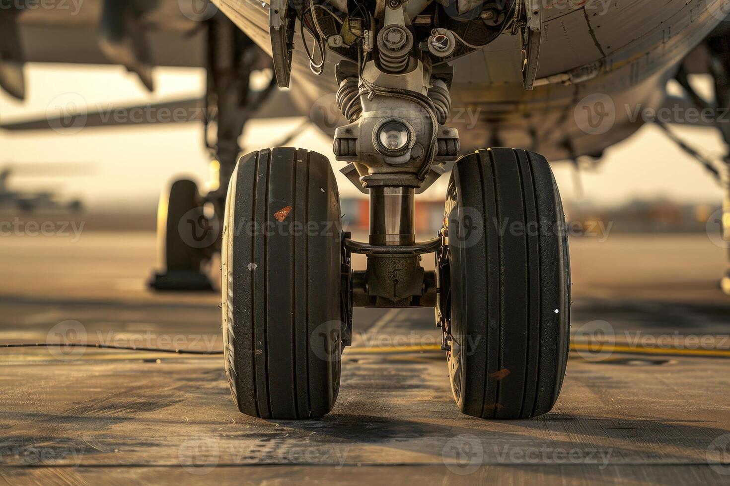The landing gear of an airplane rests on the runway, bathed in warm sunlight during the evening. The scene captures the intricate details of the tires and machinery photo