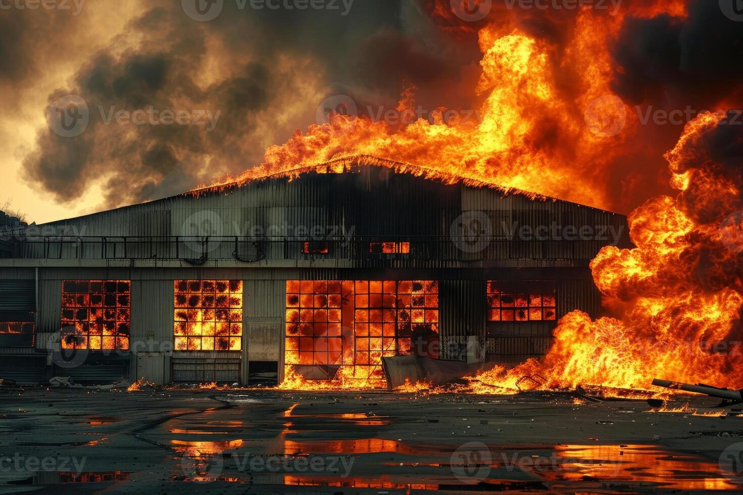 A large warehouse is fully engulfed in flames, with fire billowing from the roof and windows. Thick smoke fills the sky as emergency responders battle the blaze at dusk photo