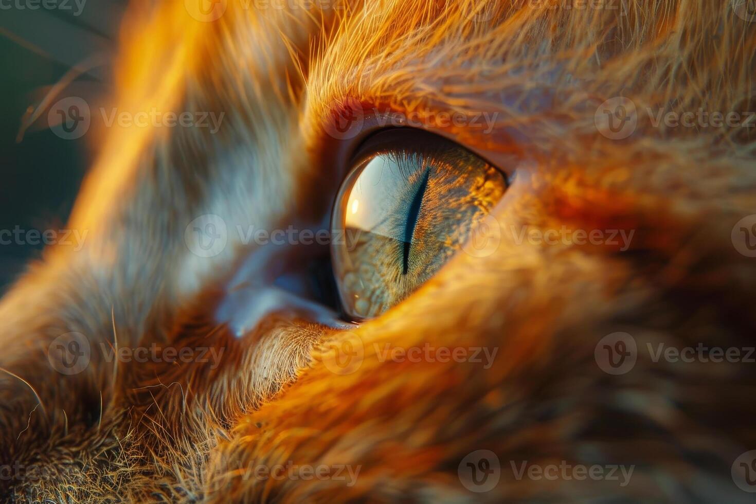 A cat gazes intently as the warm hues of a sunset are mirrored in its eye, highlighting the intricate patterns of its fur and the serene lakeside backdrop photo