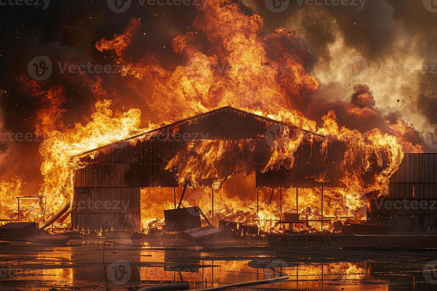 A warehouse is consumed by raging flames as thick smoke billows into the evening sky. Firefighters battle the blaze as the entire structure is obscured by fire and destruction photo