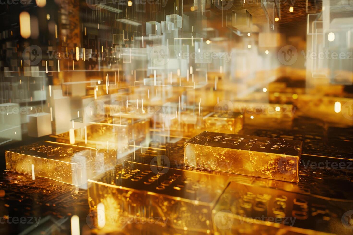 A collection of gleaming gold bars is displayed in a contemporary digital setting, illuminated by shifting light patterns that enhance the luxurious appearance photo