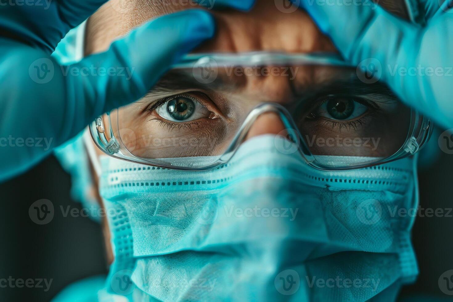 A healthcare professional adjusts protective goggles while wearing a mask, preparing for a critical task in a clinical environment filled with daylight photo