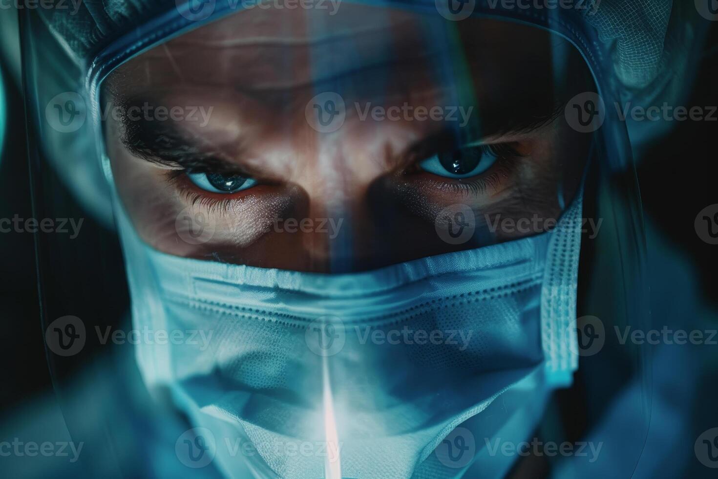 A healthcare worker wearing a facemask and protective gear is intensely focused on a medical procedure, showcasing dedication and professionalism in a clinical environment photo
