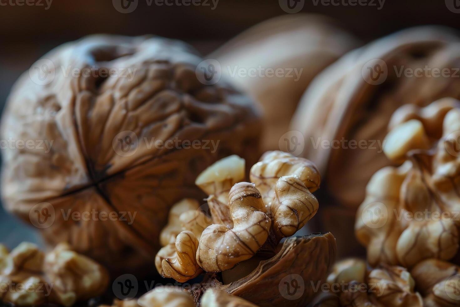 A collection of cracked walnuts showcases their intricate patterns and creamy kernels, highlighting the natural beauty and texture of this nutritious snack photo