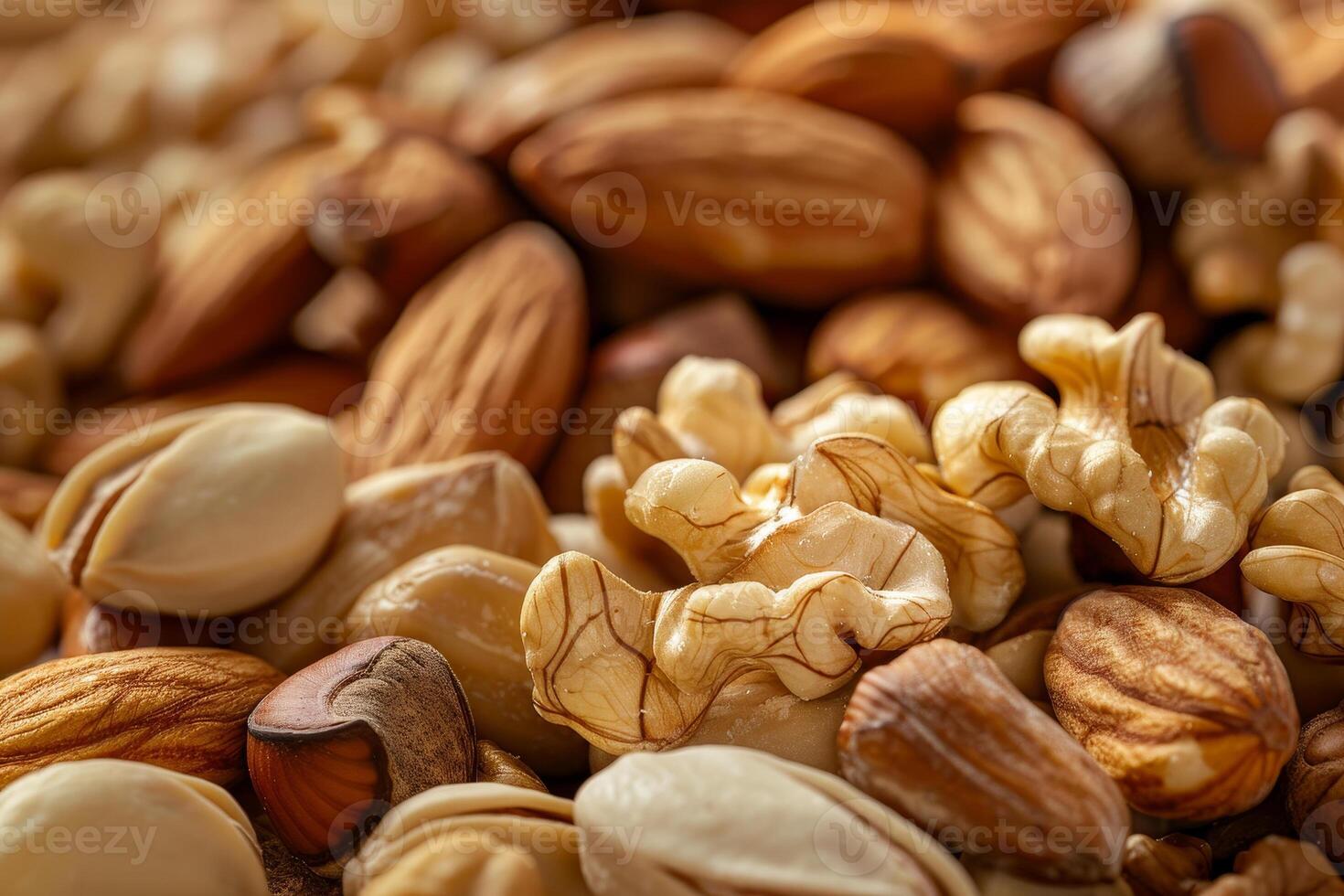 A vibrant collection of assorted nuts, including almonds, walnuts, and hazelnuts, displayed together, highlighting their unique textures and colors under bright natural light photo