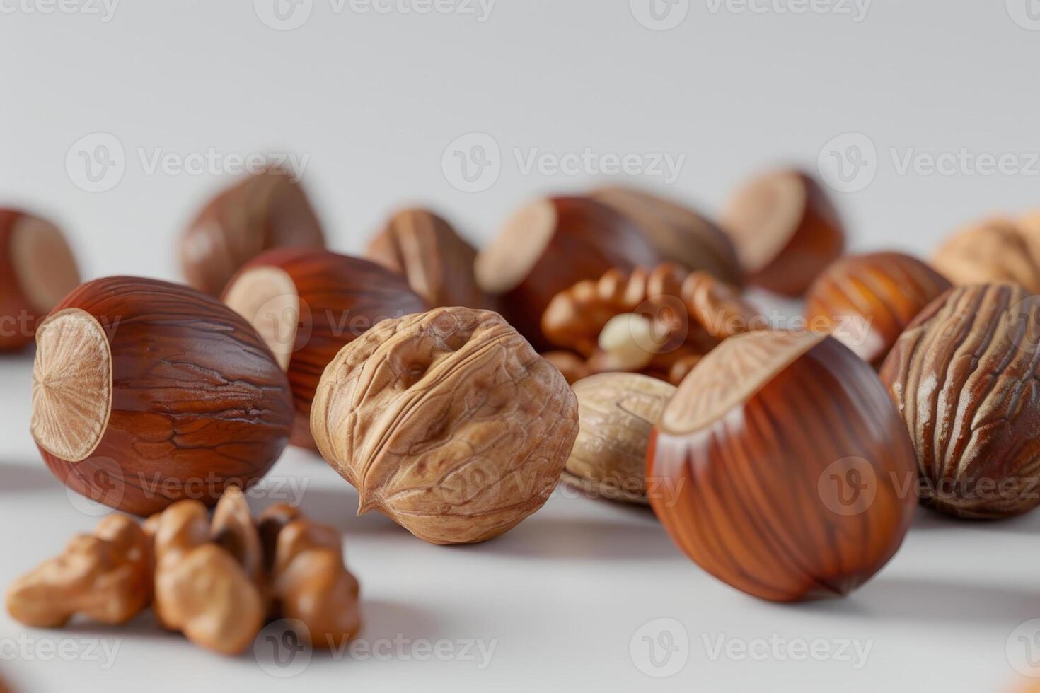 A variety of nuts such as hazelnuts, walnuts, and almonds are scattered on a bright white surface, showcasing their textures and colors in the afternoon light photo