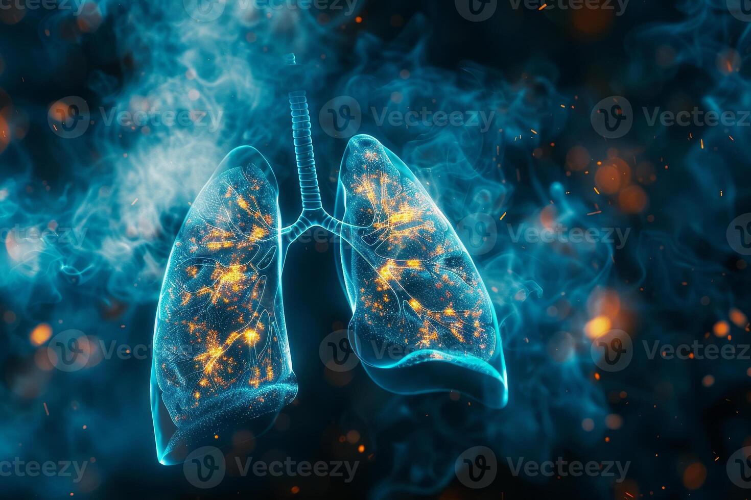The artwork depicts human lungs with vibrant, glowing particles within, set against a dark and smoky backdrop, symbolizing the importance of healthy respiration and air quality photo