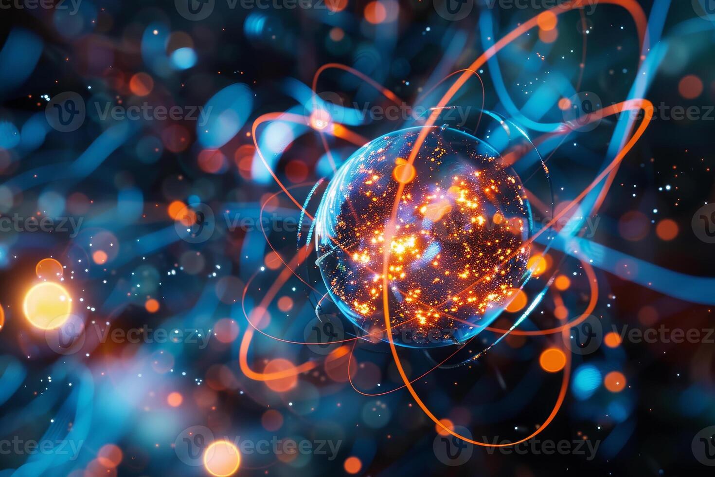 A vibrant depiction of an atom suspended in a dark, cosmic background, showcasing glowing particles and energetic pathways that illustrate atomic interactions photo