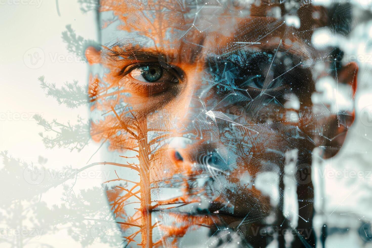 A man gazes thoughtfully, his face artistically merged with trees and nature, highlighting the relationship between humans and the environment through double exposure photo