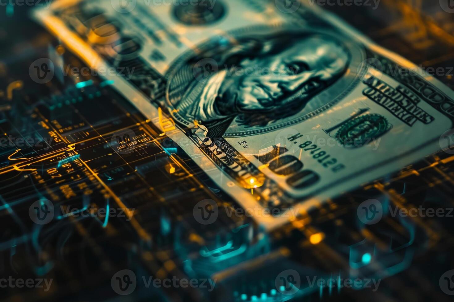 A hundred dollar bill is placed on a circuit board background that highlights elements of technology and finance, illustrating the intersection of currency and digital innovation photo