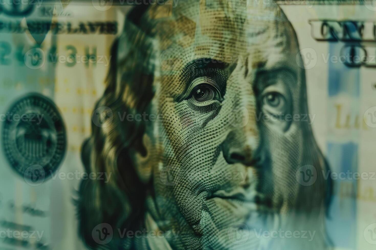 A detailed view of a one hundred dollar bill, showcasing the features of Benjamin Franklin's face and the intricate design elements found in the currency photo