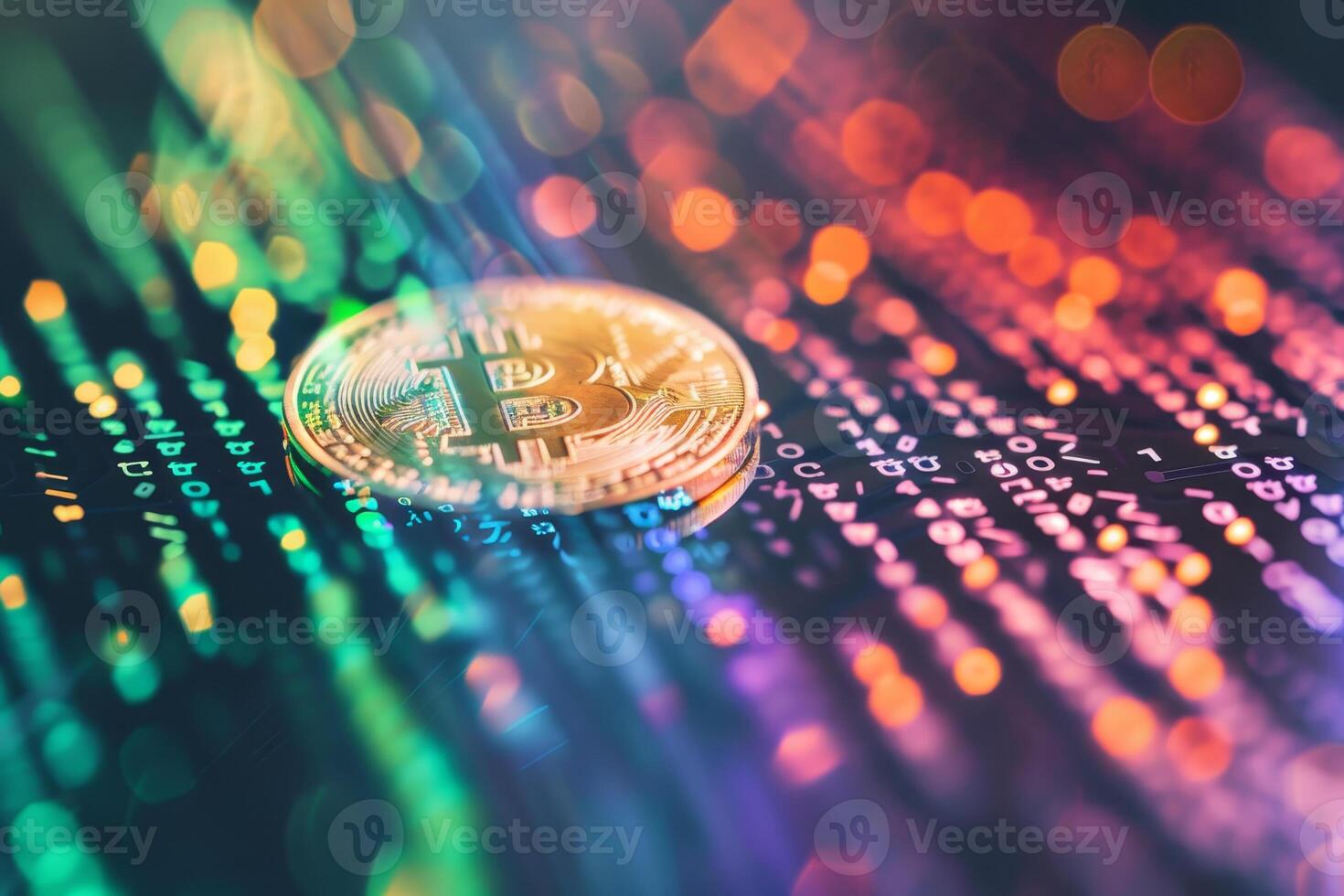A golden Bitcoin is positioned against a backdrop of flowing digital data, illuminated by vibrant colors that symbolize the dynamic world of cryptocurrency amidst technology photo
