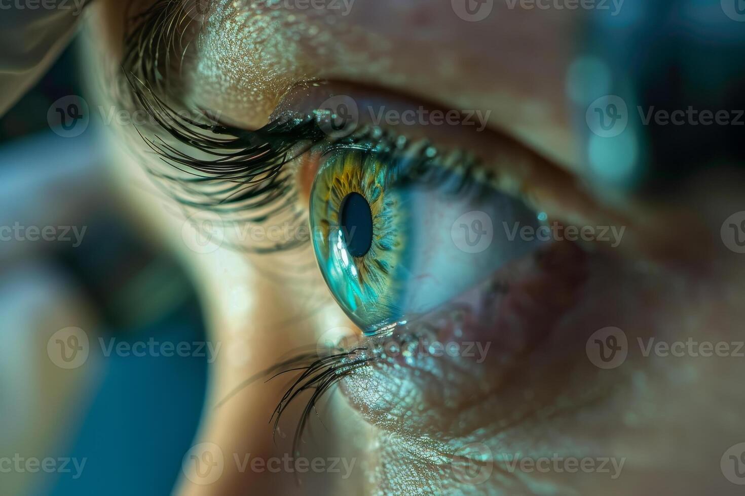 A close-up view highlights the intricate colors and textures of a human eye, capturing the unique patterns and reflections in natural light photo