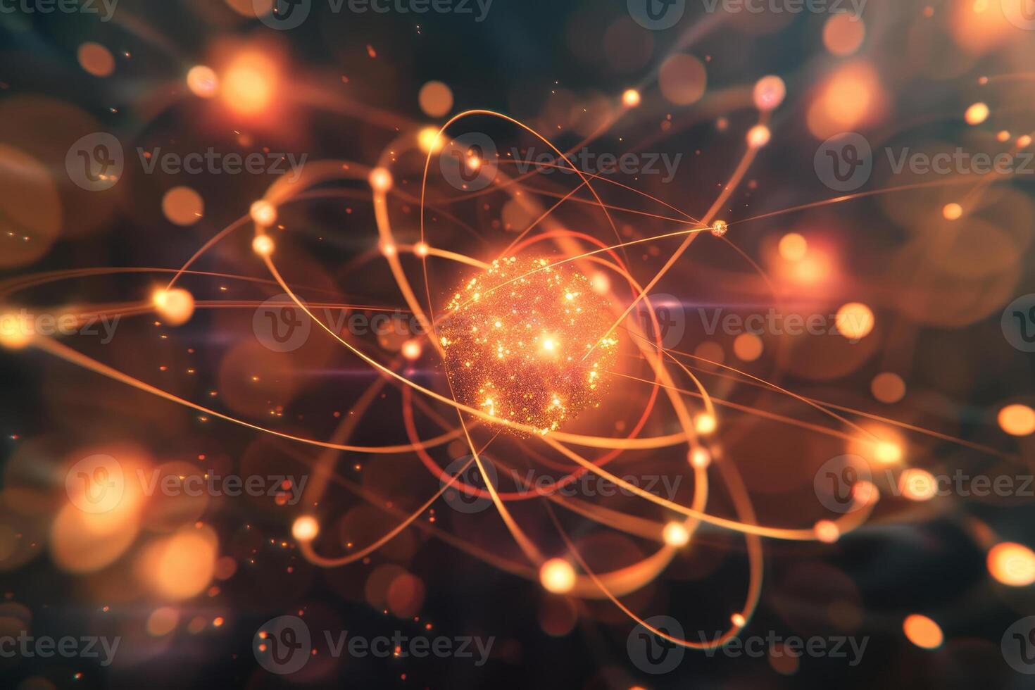 Energetic particles dance around the nucleus of an atom, creating a dynamic and colorful representation of atomic structure against a dark background filled with cosmic elements photo