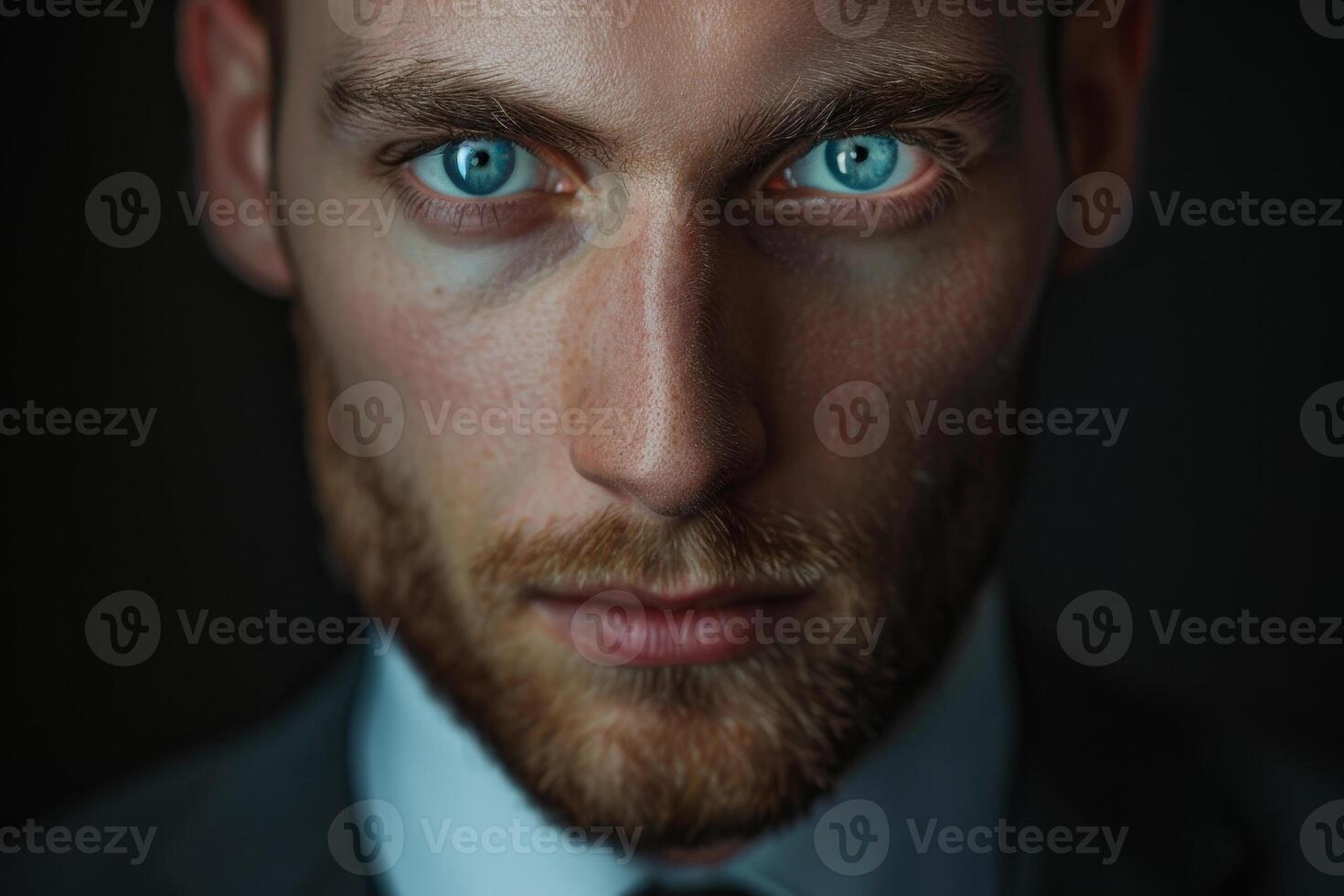A young man gazes intensely with bright blue eyes, showcasing concern or determination. He wears a fitted suit, standing against a shadowy backdrop, enhancing his expressive features photo