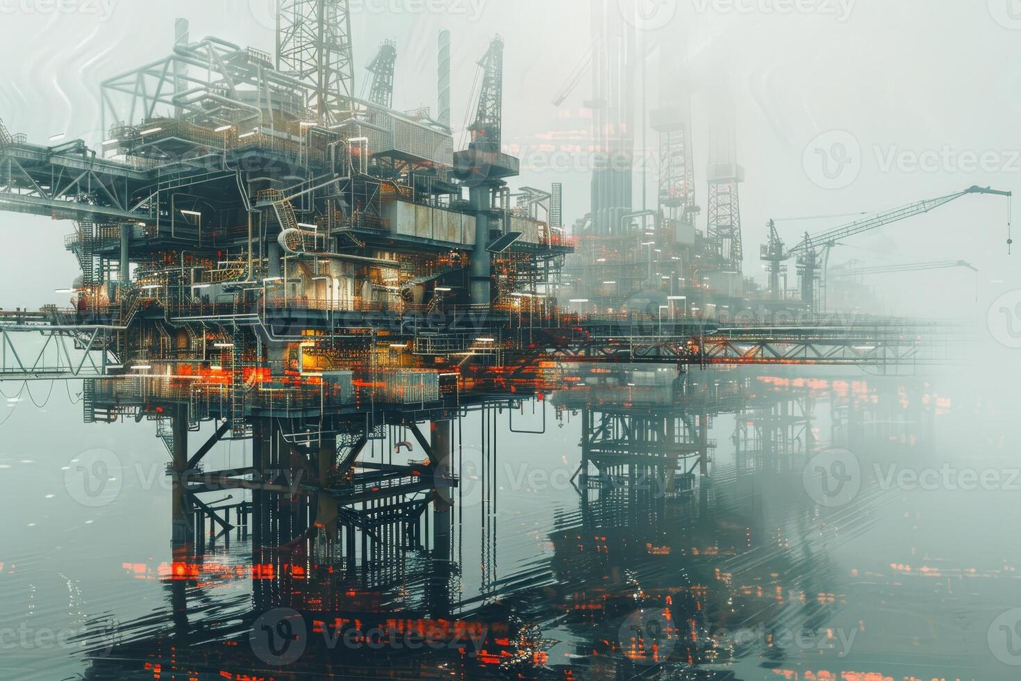 An industrial oil rig towers above the water, shrouded in fog during dawn. The structure is surrounded by calm waters, illustrating the blend of nature and technology photo