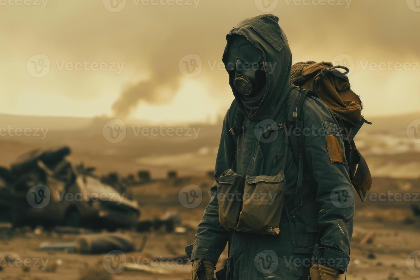 A lone figure in a gas mask and protective clothing stands amidst the ruins of a devastated area, with dark clouds and smoke lingering in the sky, suggesting a grim aftermath photo