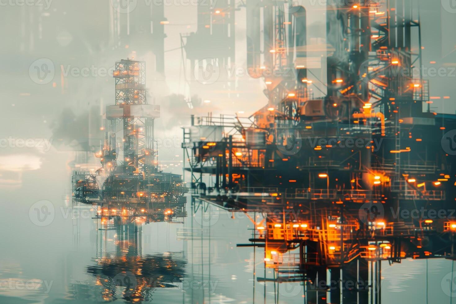 Offshore oil rigs are highlighted against the twilight sky, with bright lights reflecting off the water's surface, creating a serene and industrial atmosphere photo