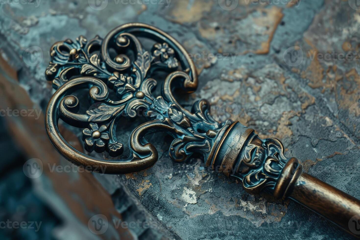The antique key features elaborate floral designs and rests on a rugged stone surface, illuminated by gentle natural light that enhances its intricate details and texture photo
