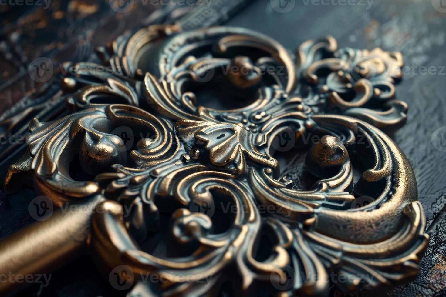 An ornate key on a wooden table photo