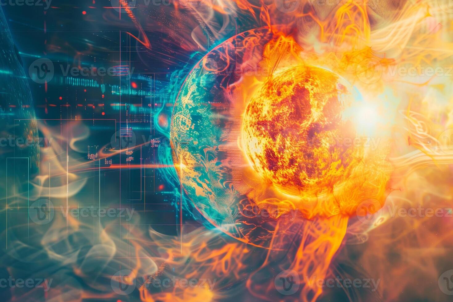 A striking display shows the sun erupting with vibrant flames directed at Earth, emphasizing the dynamic forces of the universe and their impact on our planet photo