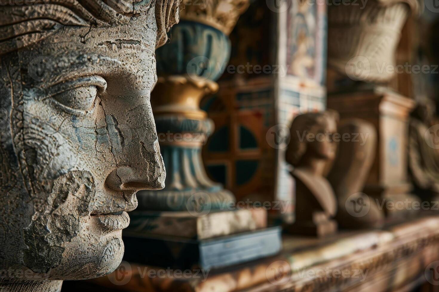 Detailed stone sculptures are showcased in a museum, reflecting rich history and artistry from ancient times, with careful attention to their craftsmanship and wear photo