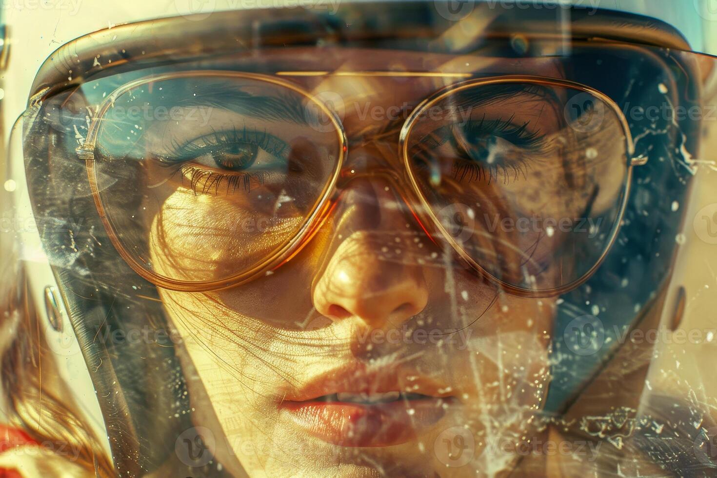 A determined woman wearing a racing helmet gazes intensely ahead, her glasses reflecting the excitement of high-speed driving in the desert sun photo