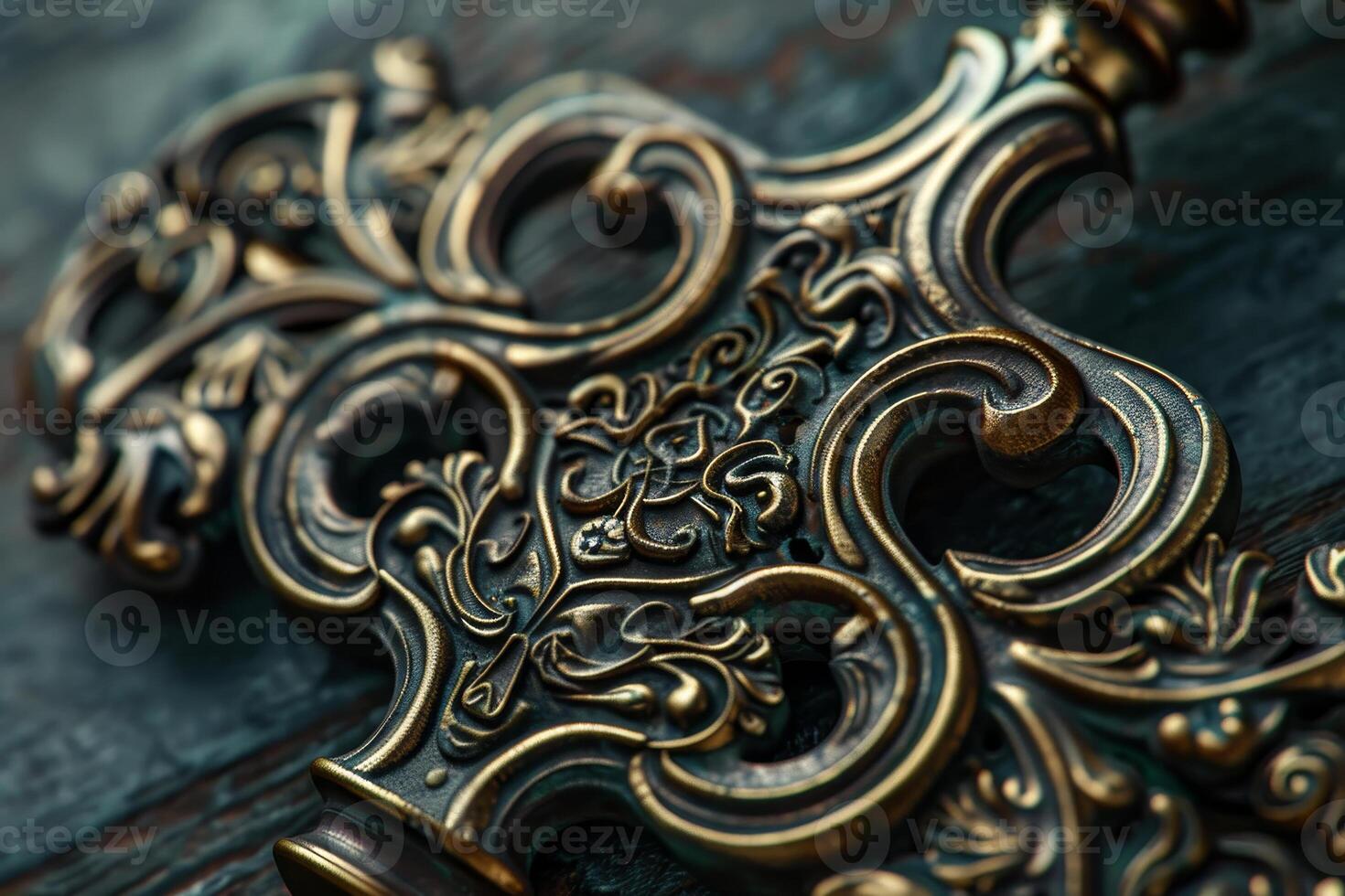 The antique brass cross showcases elaborate engravings and craftsmanship, resting on a textured wooden surface, illuminated by gentle natural light photo