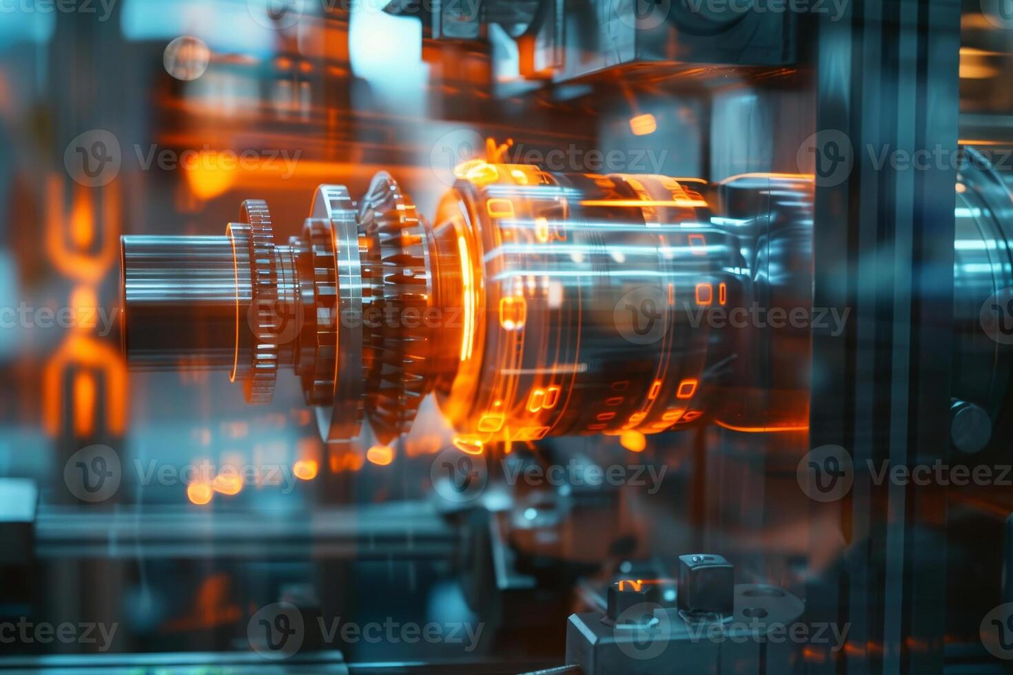 A complex mechanical device operates within a factory, showcasing intricate components illuminated by warm orange light, indicative of high-energy production photo