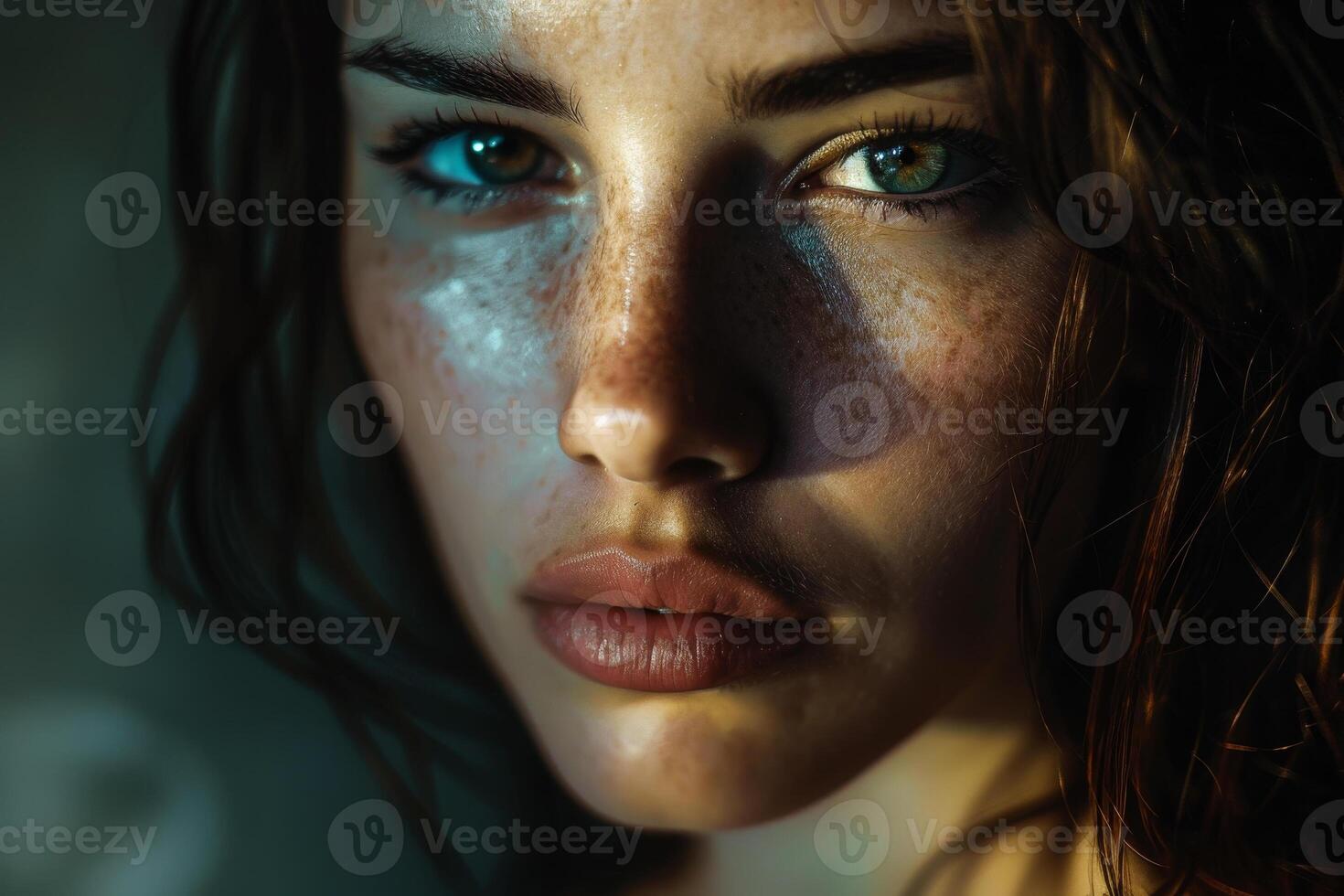 A young woman with captivating green eyes and scattered freckles stares directly, bathed in gentle light from a nearby source, creating an aura of intimacy and emotion photo