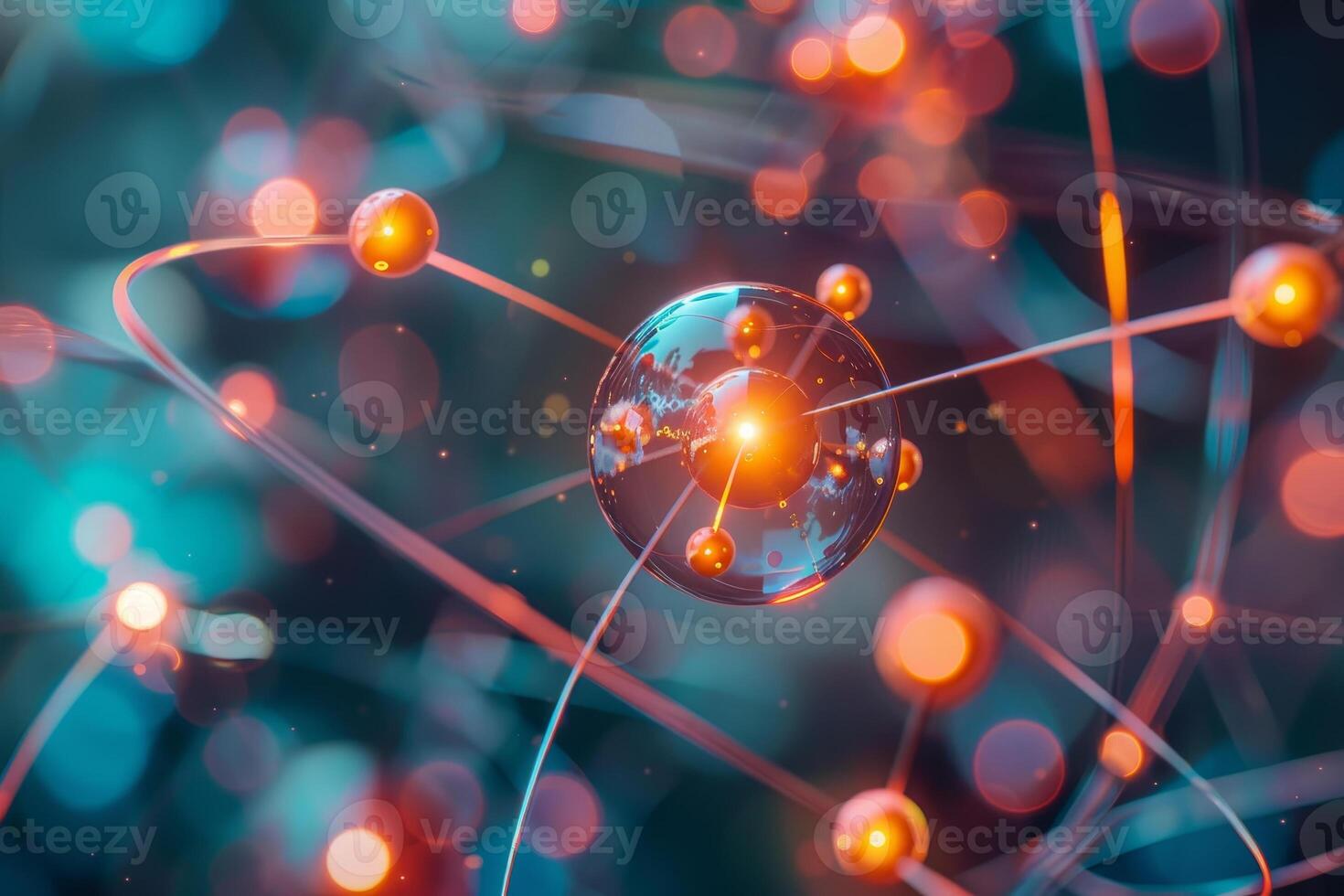 A dynamic representation of an atomic model featuring a central sphere with orbiting electrons, highlighted by vibrant colors, conveying scientific concepts of chemistry and physics photo