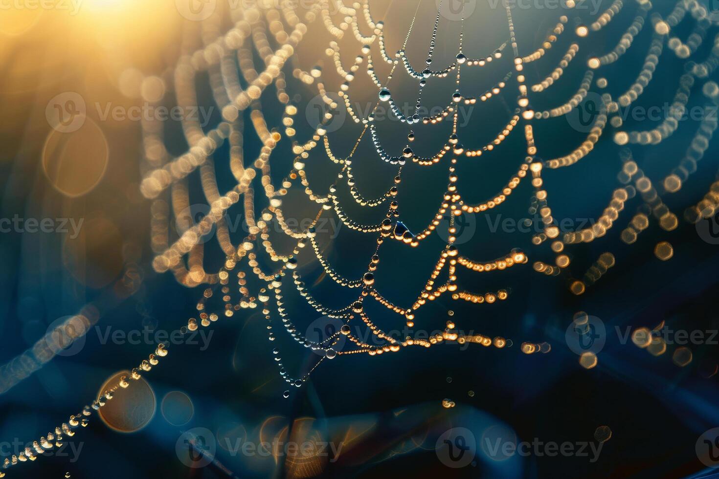 Beads of dew glisten on an intricate spider web, highlighted by soft morning light. The delicate structure showcases nature's craftsmanship in the early hours photo