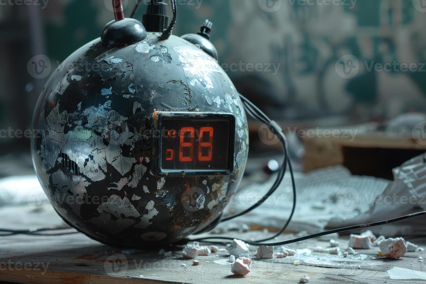 The countdown timer, set to 98 seconds, is surrounded by debris in an abandoned and neglected space that exudes an eerie atmosphere and hints of a once-busy environment photo