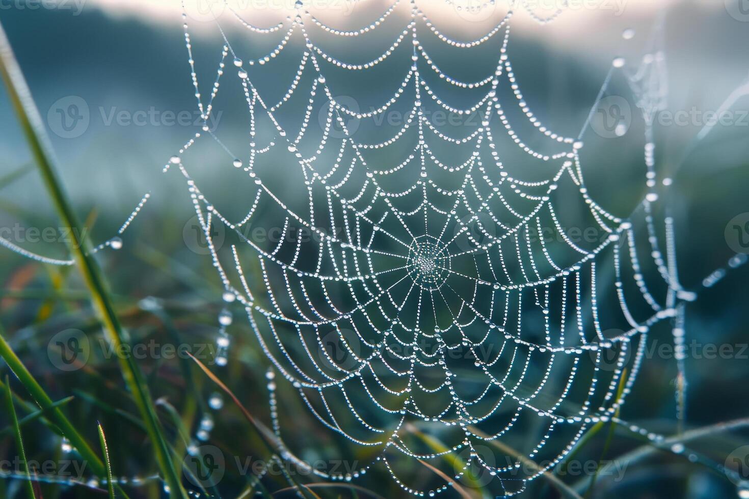 Delicate strands of a spider web are adorned with shimmering drops of dew in a serene meadow during the early morning light, capturing nature's beauty photo