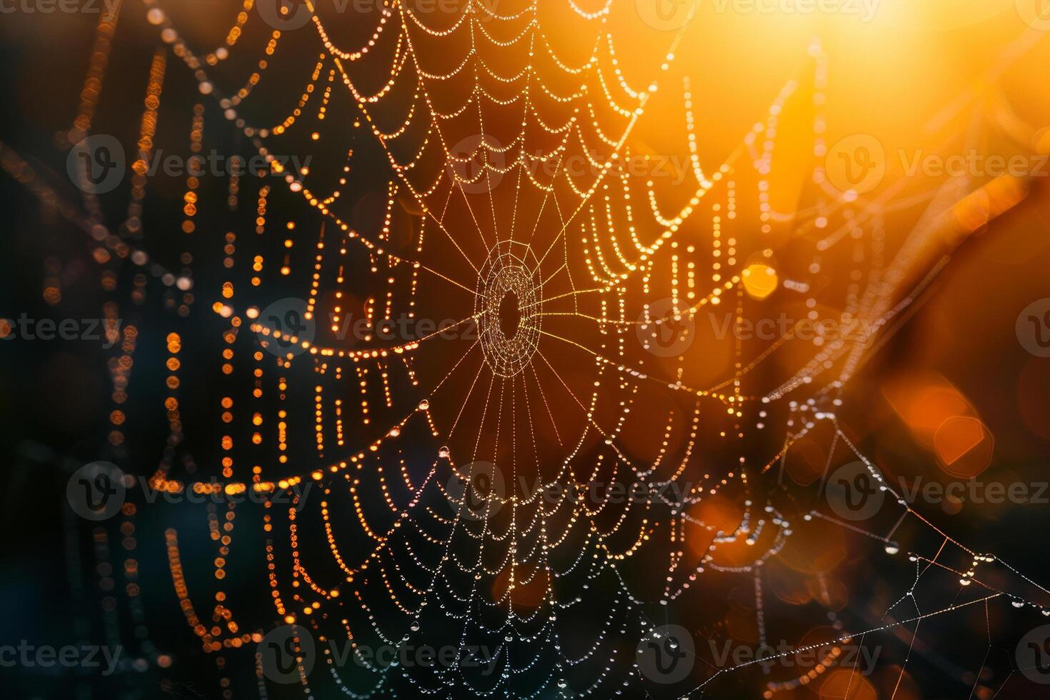 Morning sunlight highlights a intricate spider web adorned with glistening droplets of dew, creating a captivating display in a tranquil forest setting photo