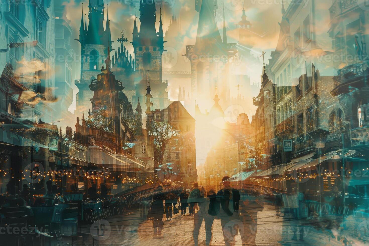 The sun sets behind historic architecture, casting a golden glow over bustling streets filled with people, creating a lively atmosphere in the city center photo
