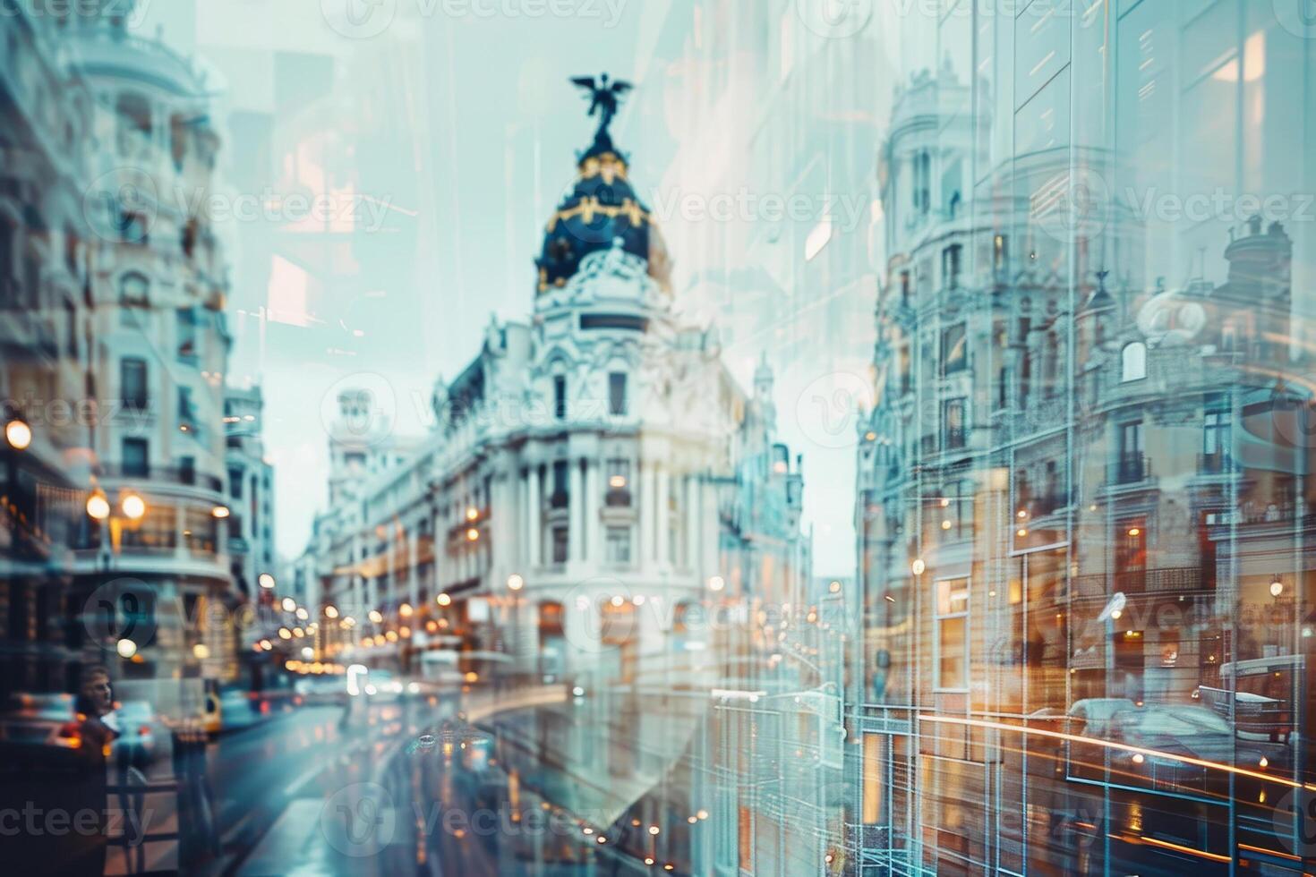 The bustling city street is filled with stunning buildings, illuminated by streetlights as twilight sets in. Reflections create a dynamic layer against the urban backdrop photo
